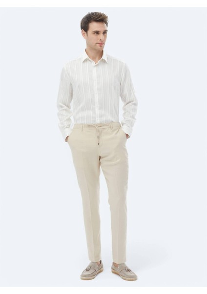 Beyaz Çizgili Regular Fit Dokuma Klasik Keten Karışımlı Gömlek