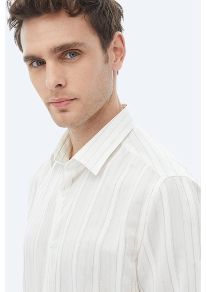 Beyaz Çizgili Regular Fit Dokuma Klasik Keten Karışımlı Gömlek