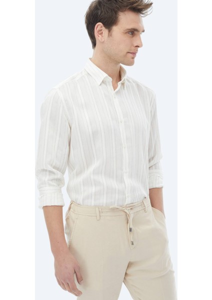 Beyaz Çizgili Regular Fit Dokuma Klasik Keten Karışımlı Gömlek