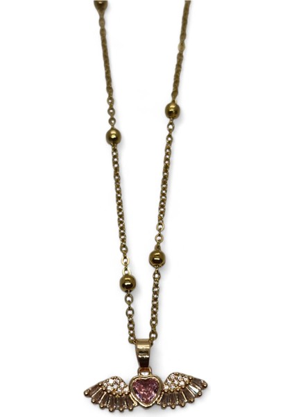 Altın Renk Pembe Taşlı Kanat Kalp Model Top Zincir Çelik Kolye - 3682 fiyatları