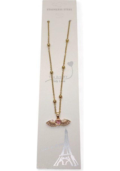 Altın Renk Pembe Taşlı Kanat Kalp Model Top Zincir Çelik Kolye - 3682 modelleri