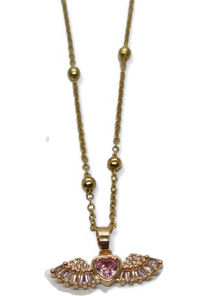 Altın Renk Pembe Taşlı Kanat Kalp Model Top Zincir Çelik Kolye - 3682 fırsatları
