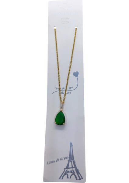 Altın Renk Sıra Taşlı Yeşil Damla Model Sf Zincir Çelik Kolye - 3744 modelleri