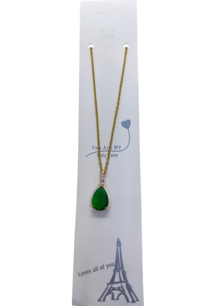 Altın Renk Sıra Taşlı Yeşil Damla Model Sf Zincir Çelik Kolye - 3744 fırsatları