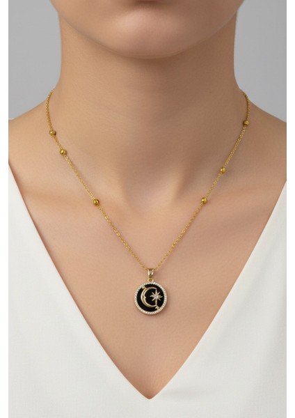 Altın Renk Siyah Mineli Ay Yıldız Model Top Zincir Çelik Kolye- 3706