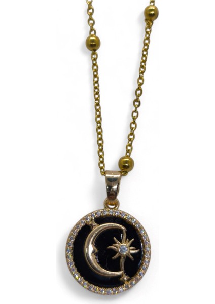 Altın Renk Siyah Mineli Ay Yıldız Model Top Zincir Çelik Kolye- 3706 fiyatları