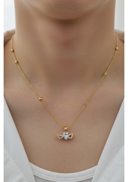 Altın Renk Beyaz Kalp Taş Kalp Model Top Zincir Çelik Kolye- 3713