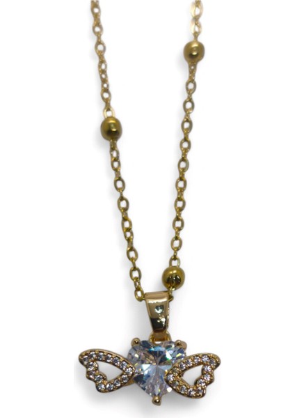 Altın Renk Beyaz Kalp Taş Kalp Model Top Zincir Çelik Kolye- 3713 fiyatları