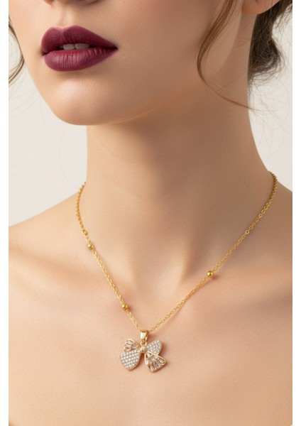 Altın Renk Beyaz Taş Baget Fiyonk Model Top Zincir Çelik Kolye- 3718