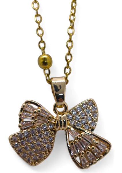 Altın Renk Beyaz Taş Baget Fiyonk Model Top Zincir Çelik Kolye- 3718 fiyatları