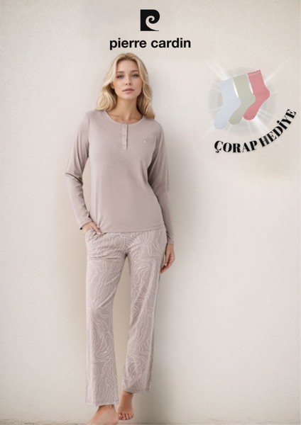 Kadın Giyim Modal & Pamuk Düğme Detaylı Uzun Kol 2'li Pijama Takımı OL.PC.9086.001