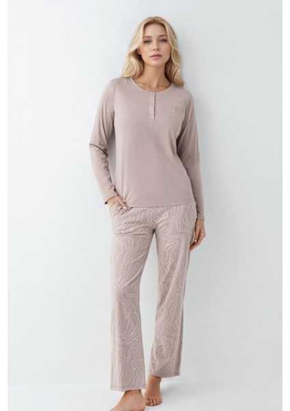 Kadın Giyim Modal & Pamuk Düğme Detaylı Uzun Kol 2'li Pijama Takımı OL.PC.9086.001 fırsatları