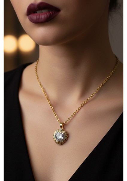 Altın Renk Beyaz Taş Kalp Model Sf Zincir Çelik Kolye - 3721