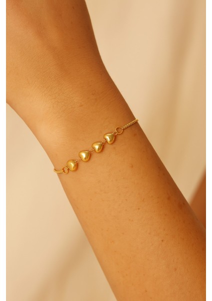 Altın Renk Sıralı Kalp Asansör Çelik Bileklik - 3608