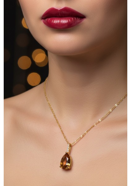 Altın Renk Sıra Taşlı Amber Damla Model Sf Zincir Çelik Kolye - 3747