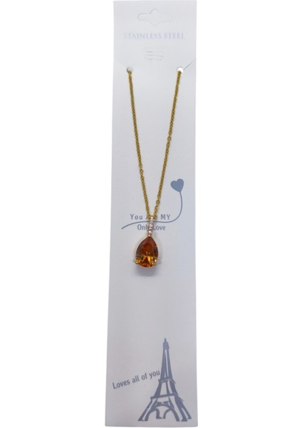 Altın Renk Sıra Taşlı Amber Damla Model Sf Zincir Çelik Kolye - 3747 modelleri