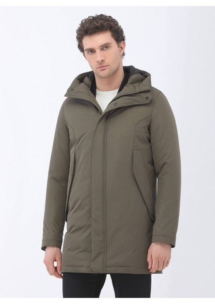 Haki Regular Fit Kapüşonlu Casual Dokuma Kaban