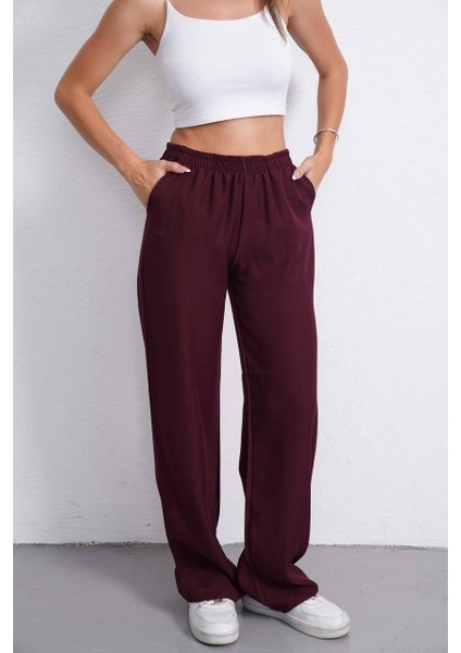 Kadın Bol Kesim Beli Lastikli Yüksek Bel Düğmeli Günlük Cepli Pantolon Geniş Paça modelleri