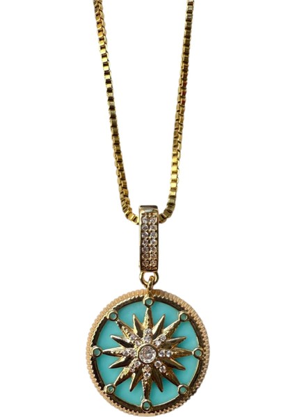 Altın Renk Yeşil Mine Yuvarlak Güneş Asansör Zincir Çelik Kolye - 3639