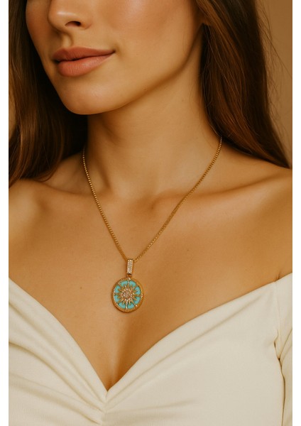 Altın Renk Yeşil Mine Yuvarlak Güneş Asansör Zincir Çelik Kolye - 3639 fiyatları