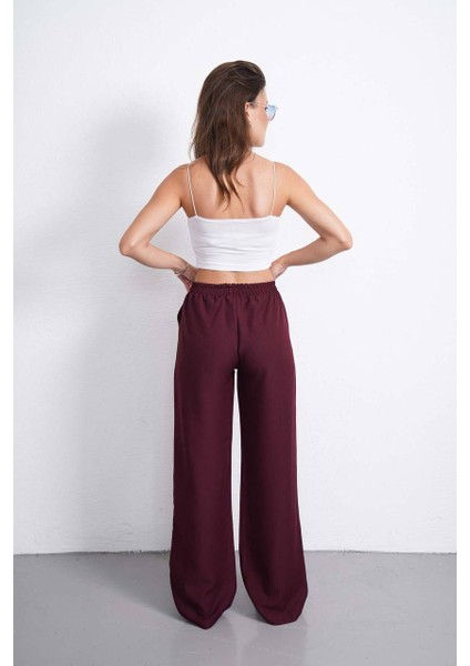 Kadın Bol Kesim Beli Lastikli Yüksek Bel Düğmeli Günlük Cepli Pantolon Geniş Paça