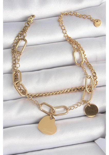 316L Çelik Gold Renk 2'li Zincir Model Sallantı Kalp Figür Kadın Bileklik - Lisinya