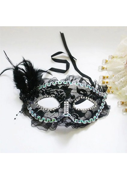 Siyah Renk Yandan Tüylü Inci Işlemeli Taşlı Dantelli Parti Maskesi 17X12 cm - Lisinya