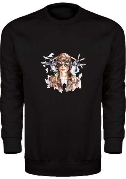 Kadın Pilot Temalı Unisex Sweatshirt