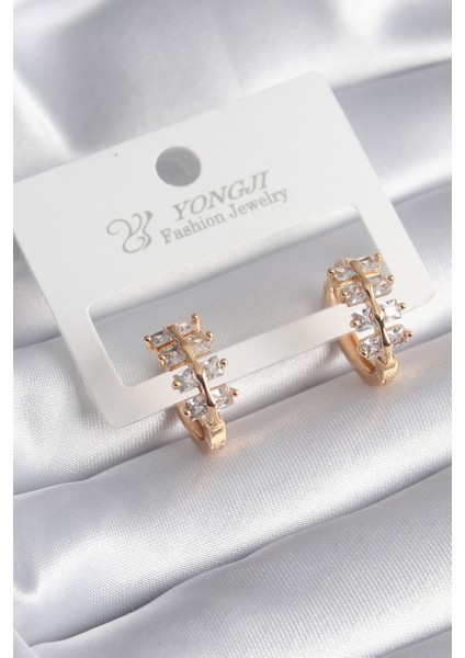 Pirinç Gold Renk Zirkon Taşlı Kadın Küpe - Lisinya