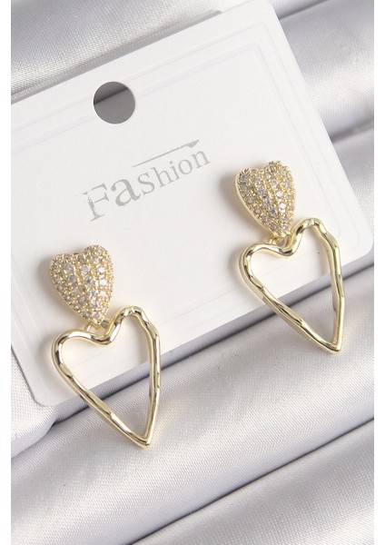 Pirinç Gold Renk Zirkon Taşlı Kalp Model Kadın Küpe - Lisinya