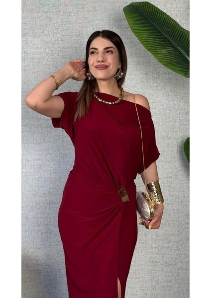 Kadın Kısa Kollu Tek Omuzdan Açık Beli Lastikli Sandy Maxi Elbise modelleri