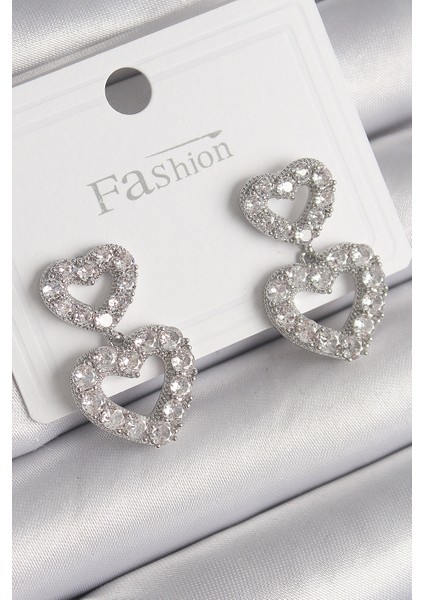 Pirinç Gümüş Renk Zirkon Taşlı Sallantı Kalp Model Kadın Küpe - Lisinya