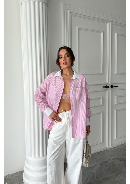 Yaka ve Manşet Beyazboyfriend Çizgilipoplin Gömlek - Pembe indirimleri