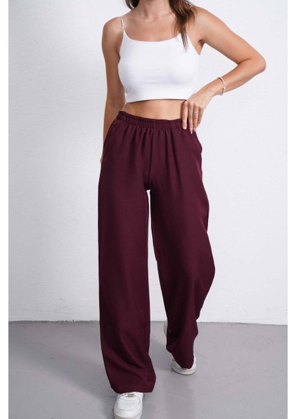 Kadın Bol Kesim Beli Lastikli Yüksek Bel Düğmeli Günlük Cepli Pantolon Geniş Paça modelleri