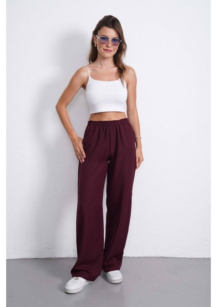 Kadın Bol Kesim Beli Lastikli Yüksek Bel Düğmeli Günlük Cepli Pantolon Geniş Paça