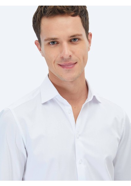 Beyaz Düz Slim Fit Dokuma Klasik %100 Pamuk Gömlek