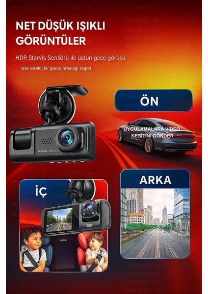 Wifi 1080P Araç Içi 3 Kameralı LCD Ekranlı Gece Görüşlü , G-Sensör , Geri Görüş Kamera