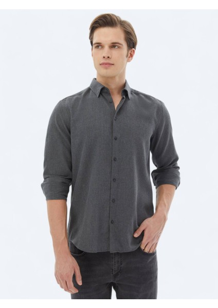 Antrasit Düz Regular Fit Dokuma Casual Pamuk Karışımlı Gömlek