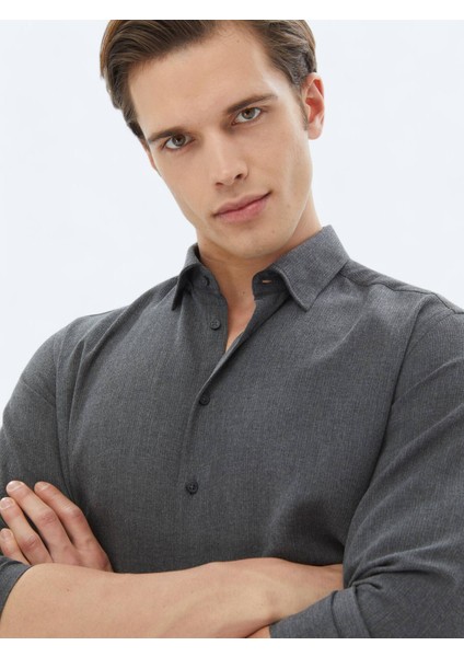 Antrasit Düz Regular Fit Dokuma Casual Pamuk Karışımlı Gömlek