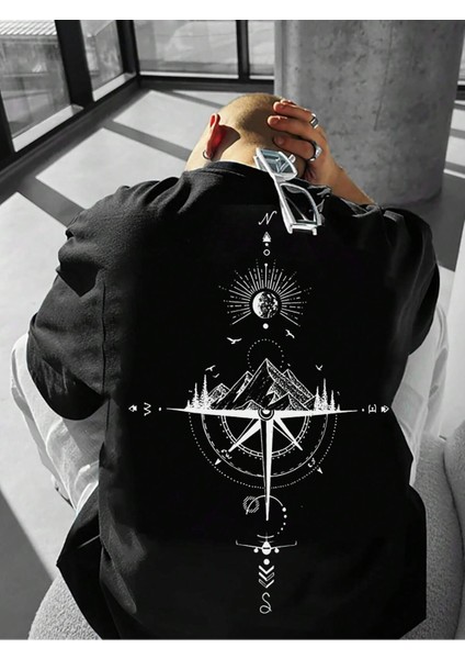 Unisex Pusula Baskılı Oversize T-Shirt