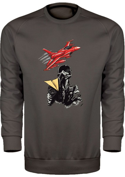 Kırmızı Jet ve Pilot Tasarım Unisex Sweatshirt