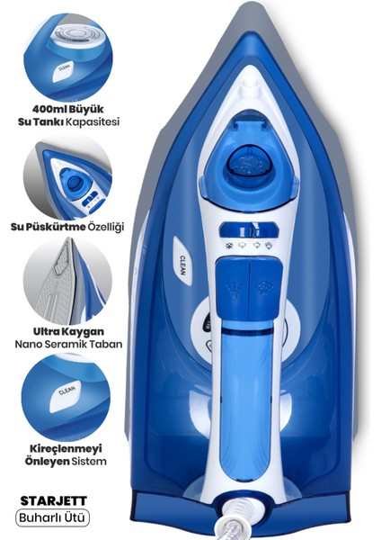 2200W Nano Seramik Tabanlı, Geniş Su Tanklı, 160G Şok Buharlı Ütü