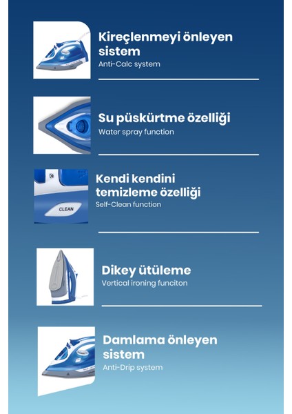 2200W Nano Seramik Tabanlı, Geniş Su Tanklı, 160G Şok Buharlı Ütü fiyatları