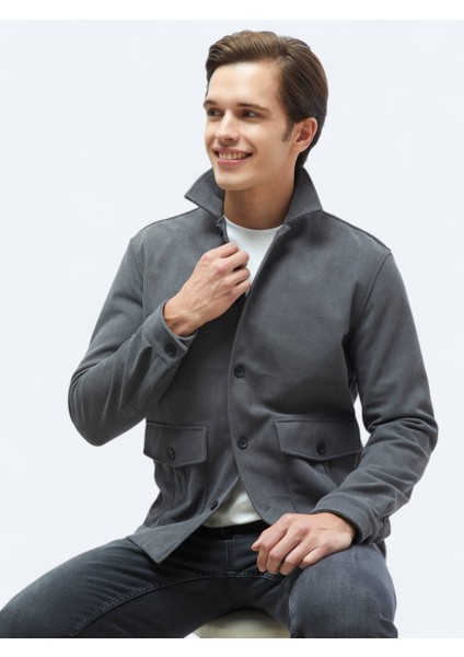Gri Fitilli Regular Fit Dokuma Kadife Overshırt