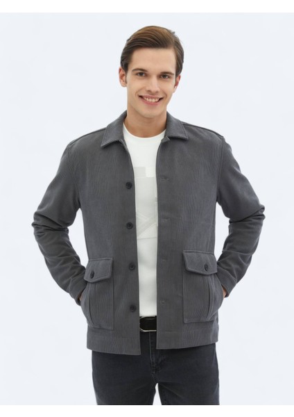 Gri Fitilli Regular Fit Dokuma Kadife Overshırt