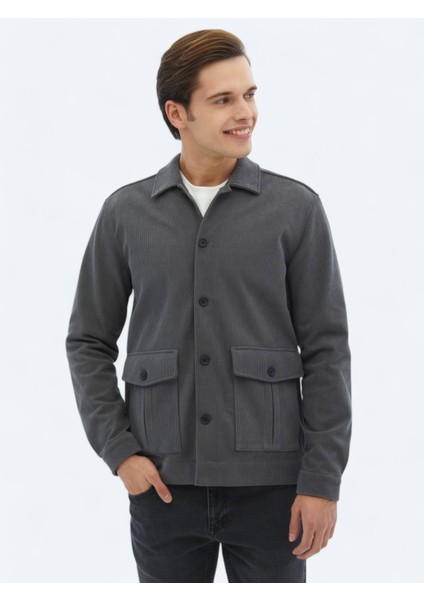 Gri Fitilli Regular Fit Dokuma Kadife Overshırt