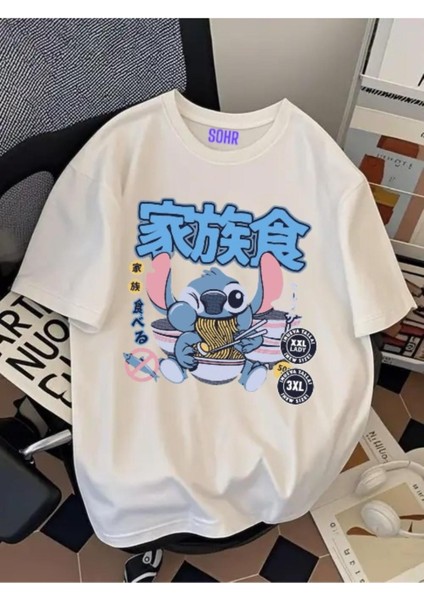 Unisex Erkek/kadın Stitch Ramen Renkli Baskılı Oversize Pamuklu T-Shirt