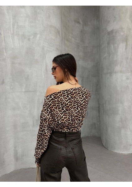 Kadın Leopar Desenli Düşük Omuzlu Bluz fiyatları
