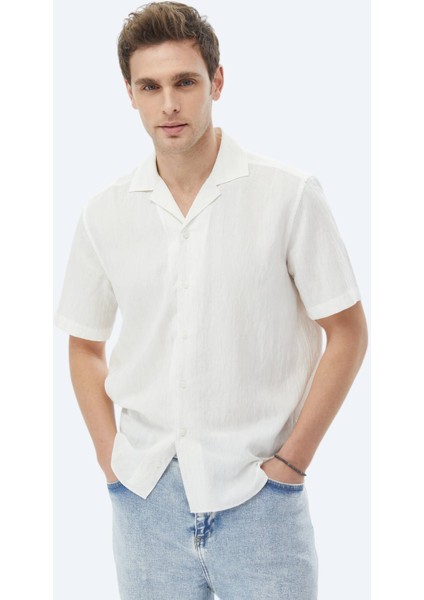 Ekru Regular Fit Dokuma Klasik Keten Karışımlı Gömlek