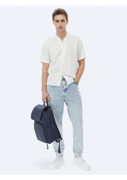 Ekru Regular Fit Dokuma Klasik Keten Karışımlı Gömlek